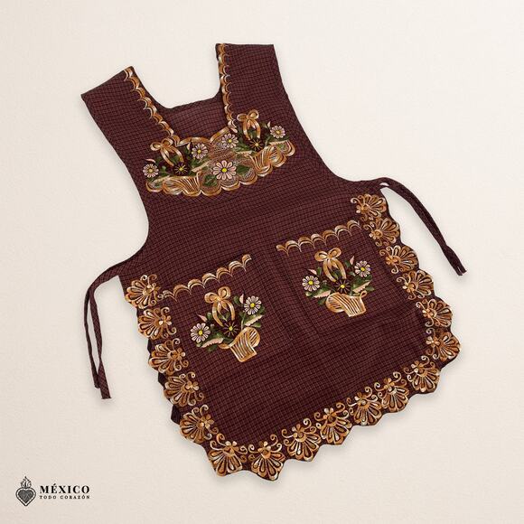 Brown Mexican Embroidered Smock Apron – Floral Traditional Design for Women - Picture 5 of 8